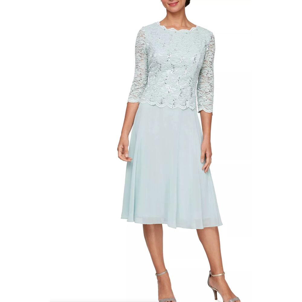 Alex Evenings Sequined Lace Contrast Midi Dress in Fresh ment size 18